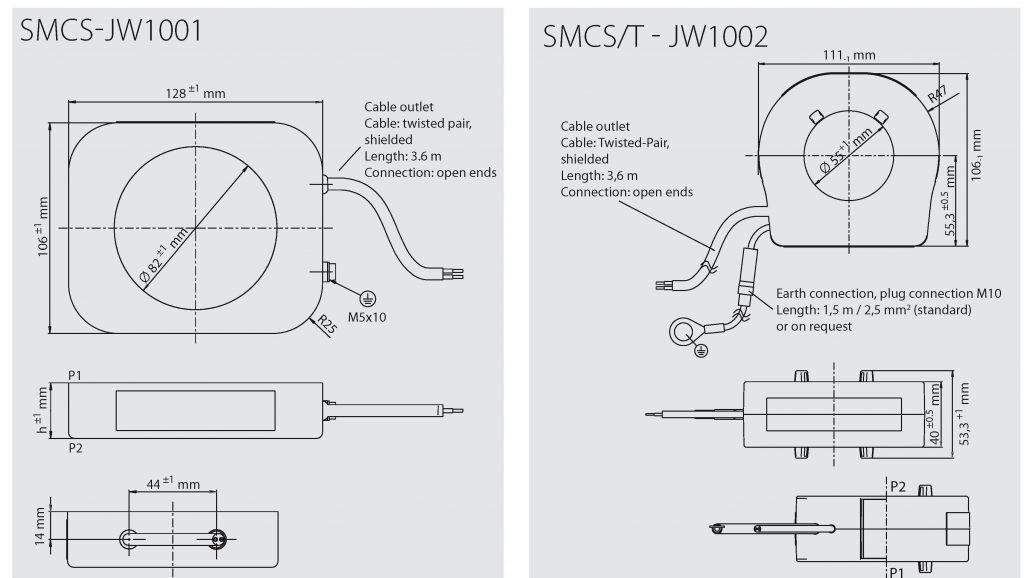 Outline drawing of the 2 models current sensors